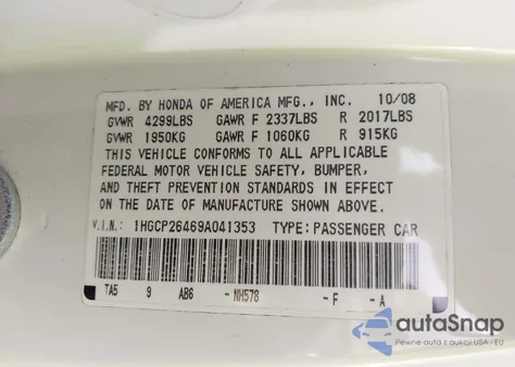 2009 Honda Accord 2.4 Lx-P z USA, uszkodzony, nr VIN 1HGCP26469A041353